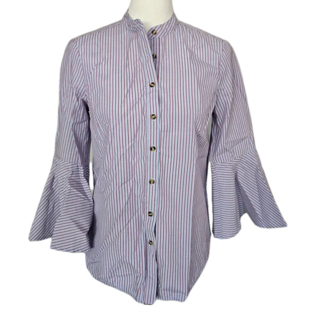 Flared Sleeve Banded Collar Academia Striped Maeve Anthropologie Blouse Top Sz 2